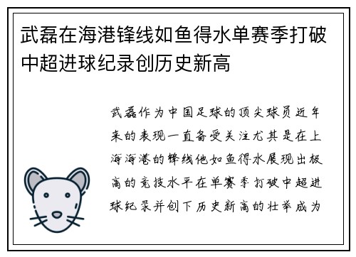 武磊在海港锋线如鱼得水单赛季打破中超进球纪录创历史新高